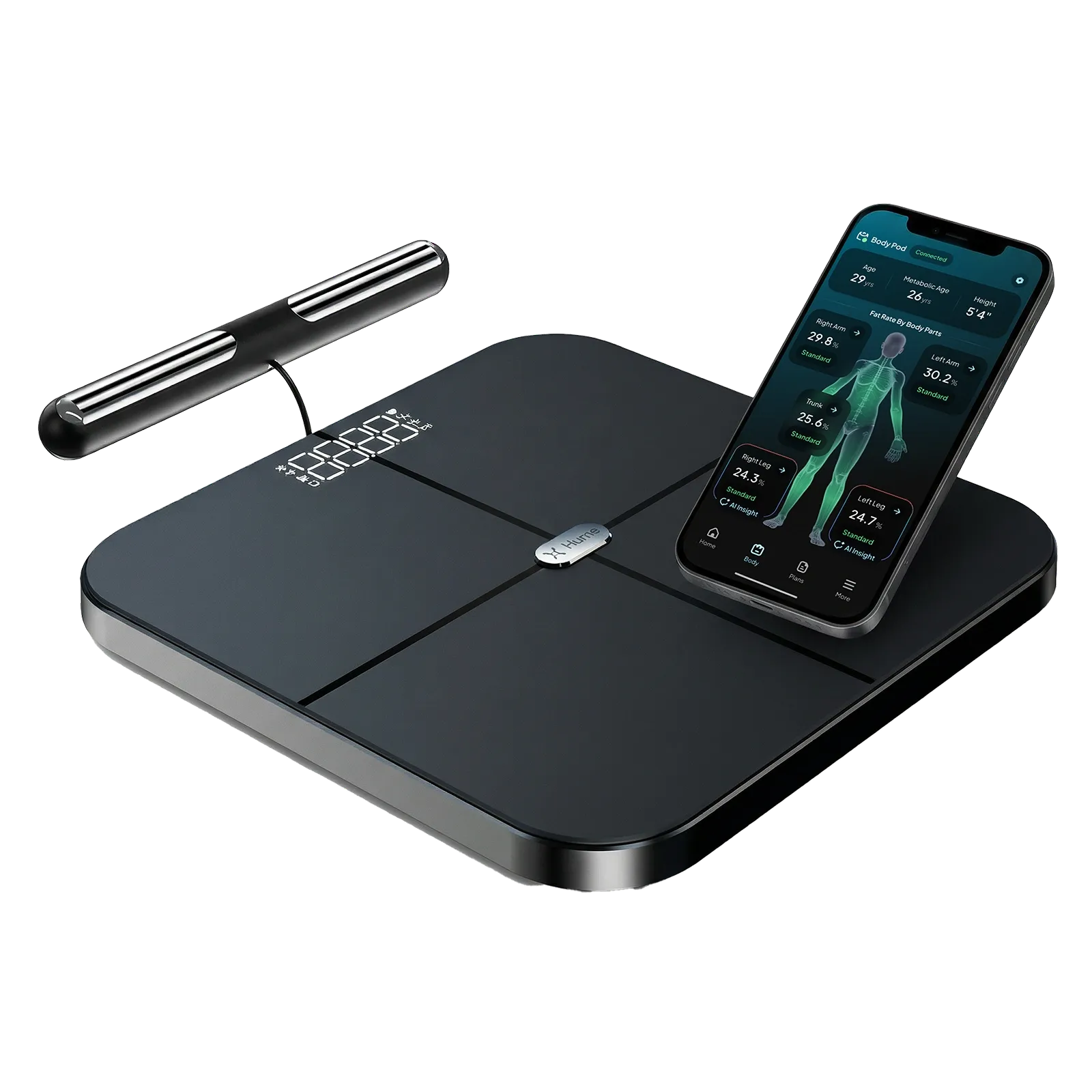 Hume Body Pod smart scale with its handheld sensors and companion app